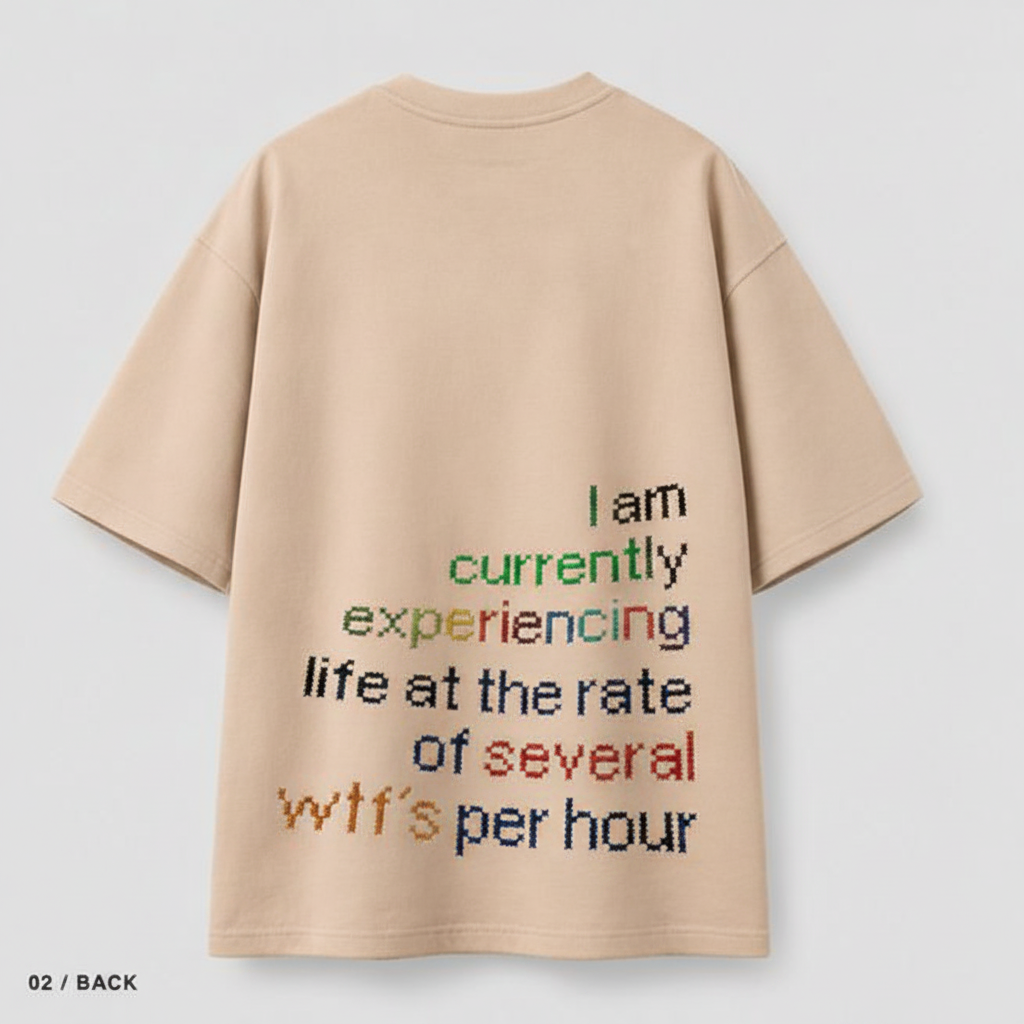 02 / Back – multicolour embroidered wtf's per hour text