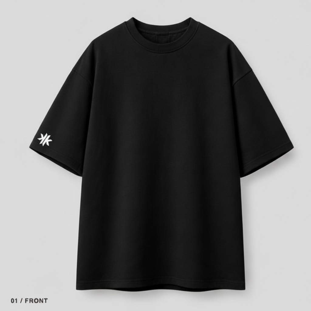 01 / Front – clean black tee with KK sleeve logo