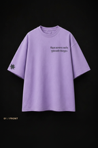 Front view – Sanskrit shloka lavender oversized tee